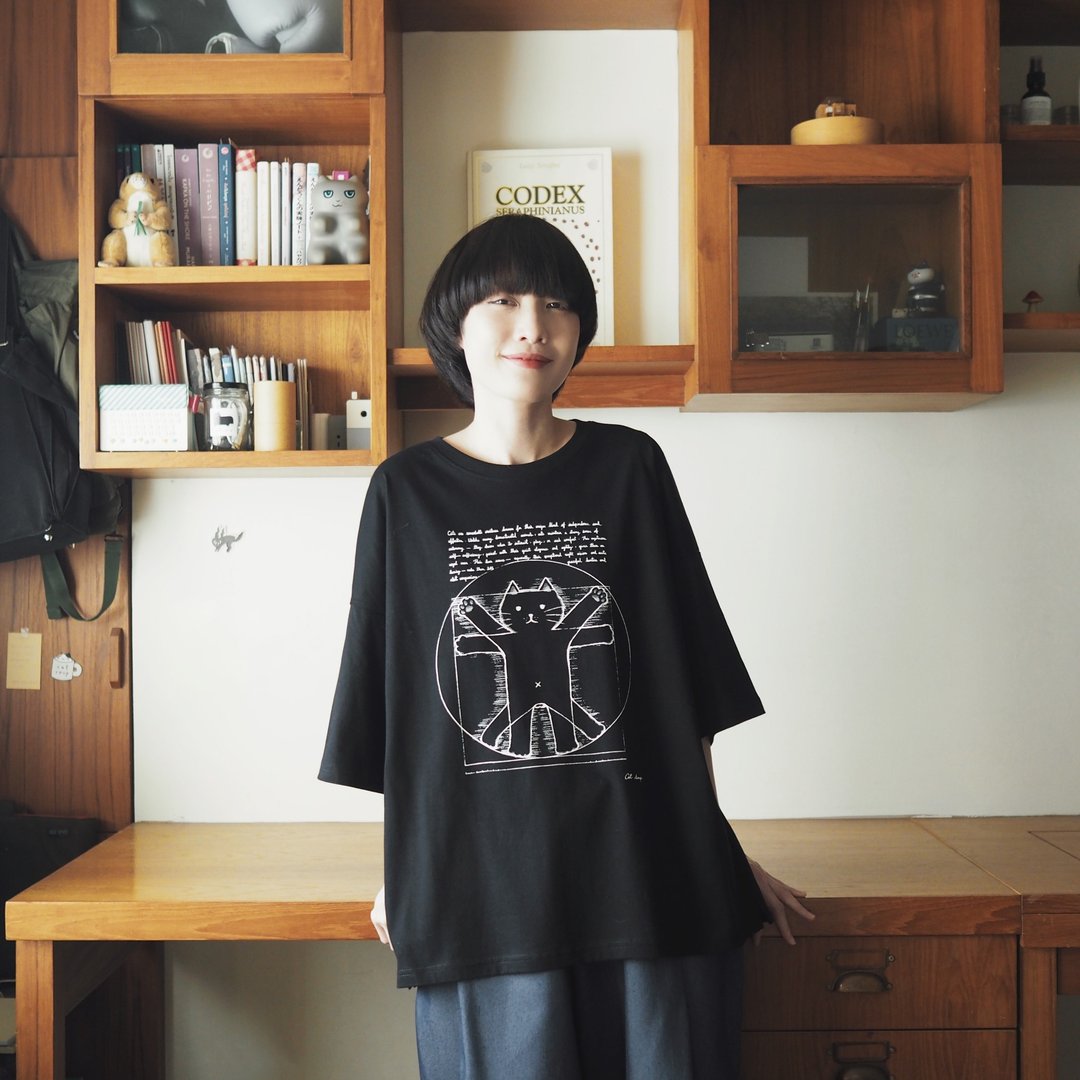 维特鲁威猫宽版 T-shirt：黑色 - 女装 T 恤 - 棉 黑色