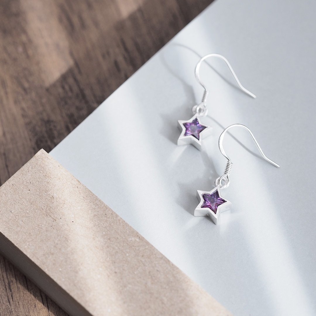 Amethyst Star Hook Earrings Silver 925 - 耳环/耳夹 - 其他金属 紫色