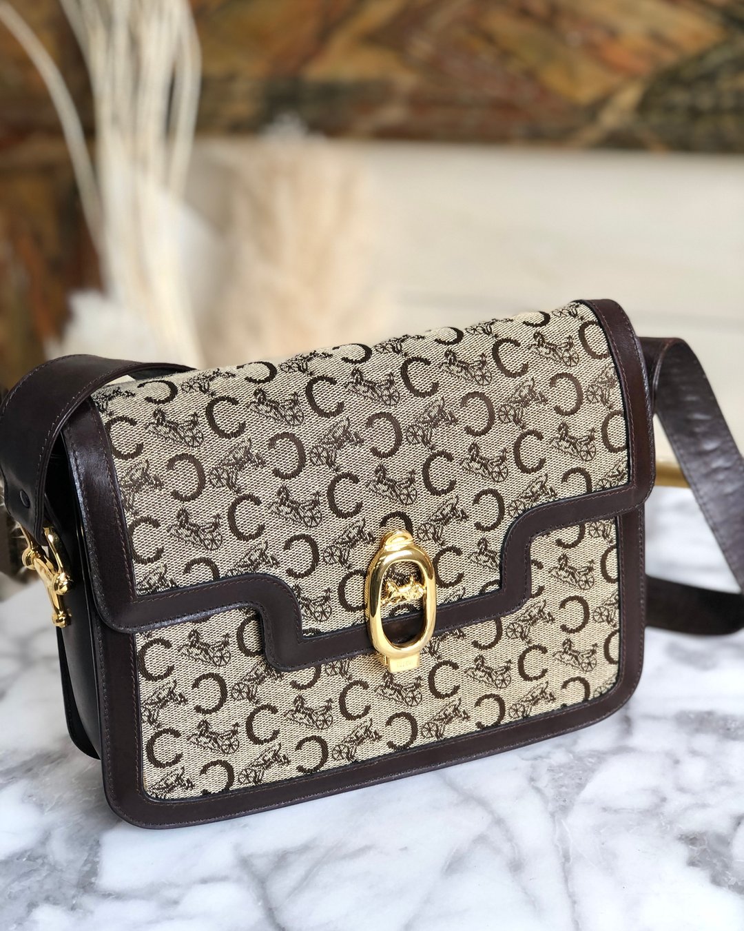 [ VintageShop solo ] CELINE C Macadam carriage horse carriage jacquard x leather shoulder bag Brown x beige rhz46g - 侧背包/斜挎包 - 真皮 咖啡色