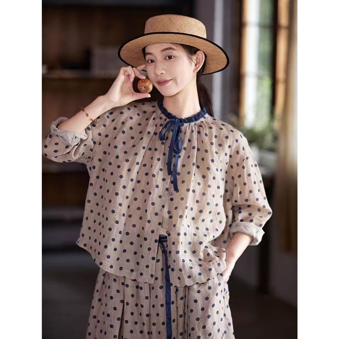 蓝波点纯亚麻木耳花边领女圆领小衬衫 - 女装衬衫 - 棉 
