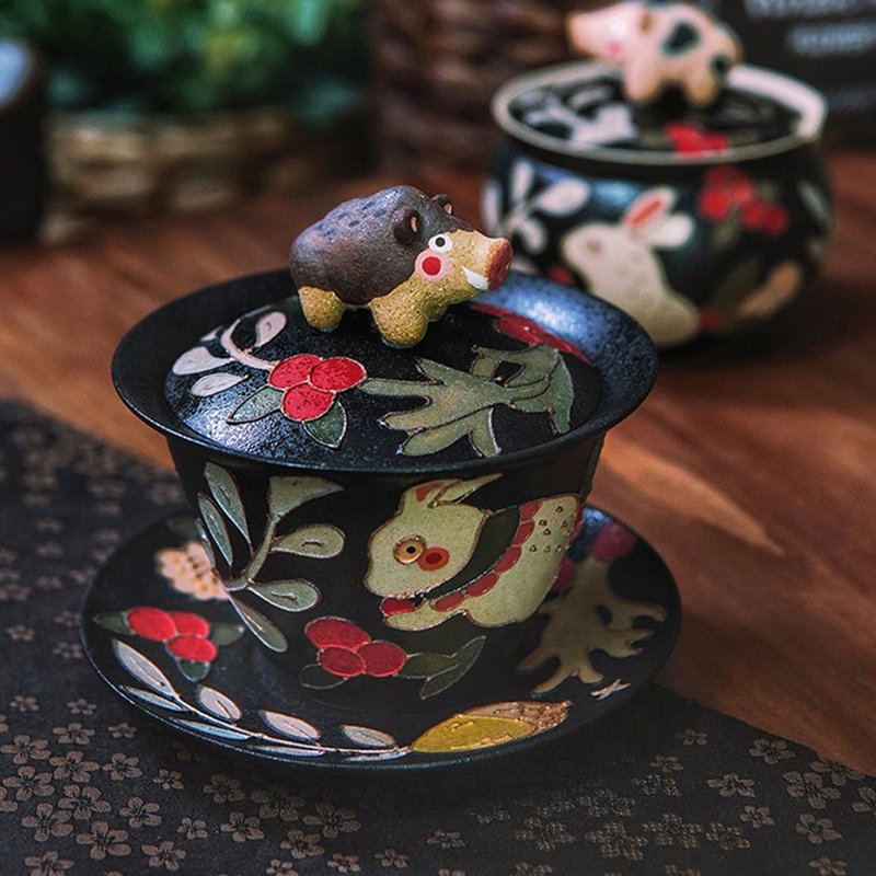 日式野豬手繪三才蓋碗 / 釉下彩陶瓷茶杯 / 手工單泡茶禮物 - 茶具/茶杯 - 瓷 黑色