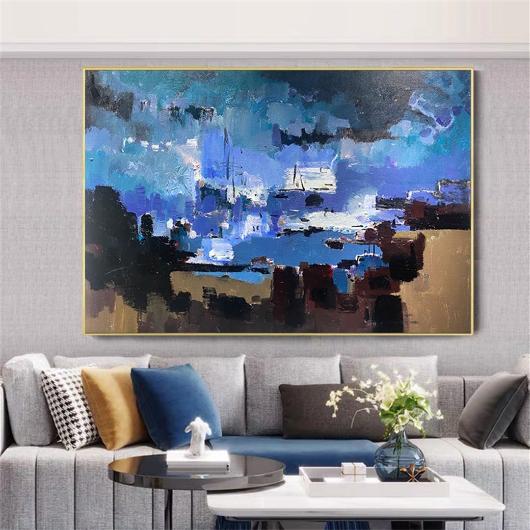 海上田园 海景肌理画/手绘丙烯抽象画/原创装饰画/客厅挂画/蓝色 - 海报/装饰画/版画 - 亚麻 蓝色