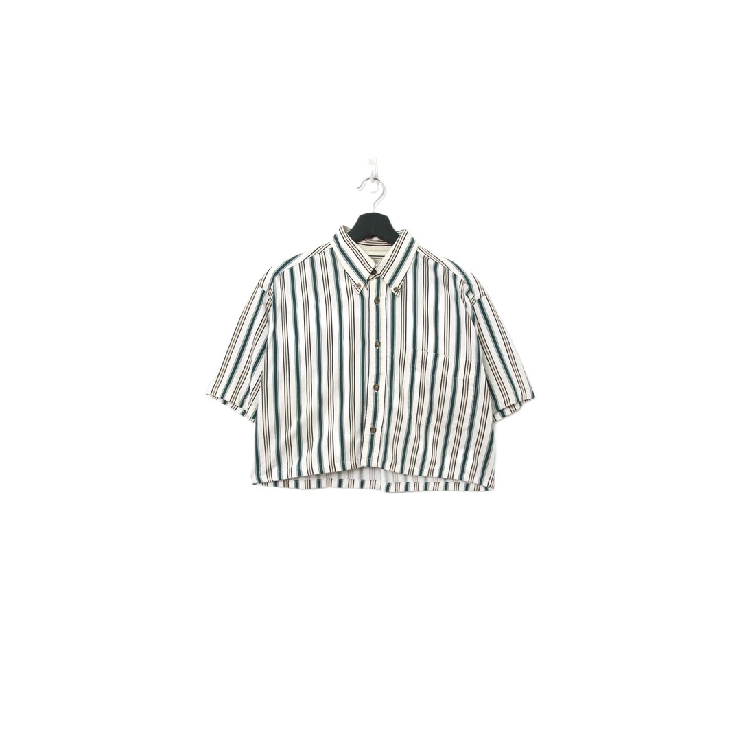 Back to Green-再制条纹短板衬衫 绿黄 ds-10//vintage shirt - 女装衬衫 - 棉 
