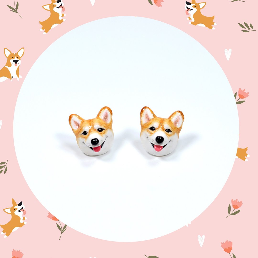 Welsh corgi dog Earrings, Corgi Earrings, Dog Stud Earrings, Dog lover gifts - 耳环/耳夹 - 粘土 咖啡色