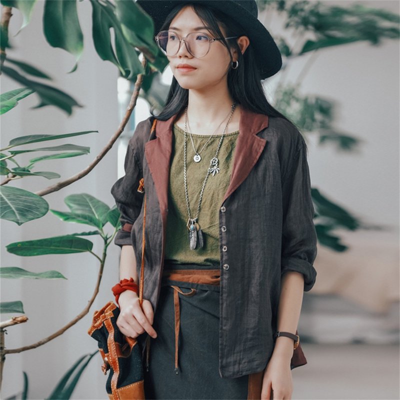 漿果紫色 苧麻輕薄拼色西裝 復古外套小衫 - 女装西装外套/风衣 - 棉．麻 紫色