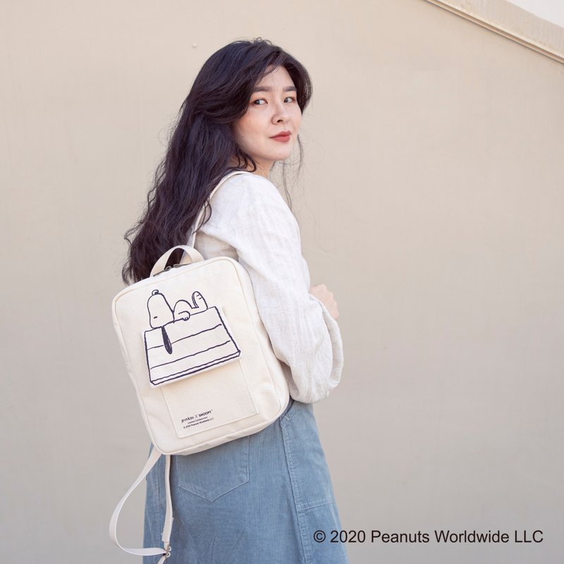 Snoopy帆布掀盖后背包 - 后背包/双肩包 - 棉．麻 白色