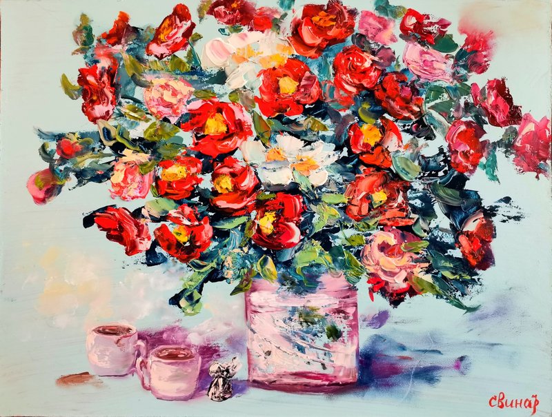 红白玫瑰咖啡糖果油画厚涂原画艺术家 Svinar Oksana - 其他 - 其他材质 多色