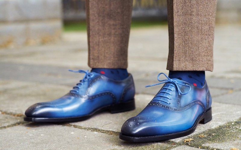 藍色半雕花牛津皮鞋 - 男款牛津鞋/乐福鞋 - 真皮 多色