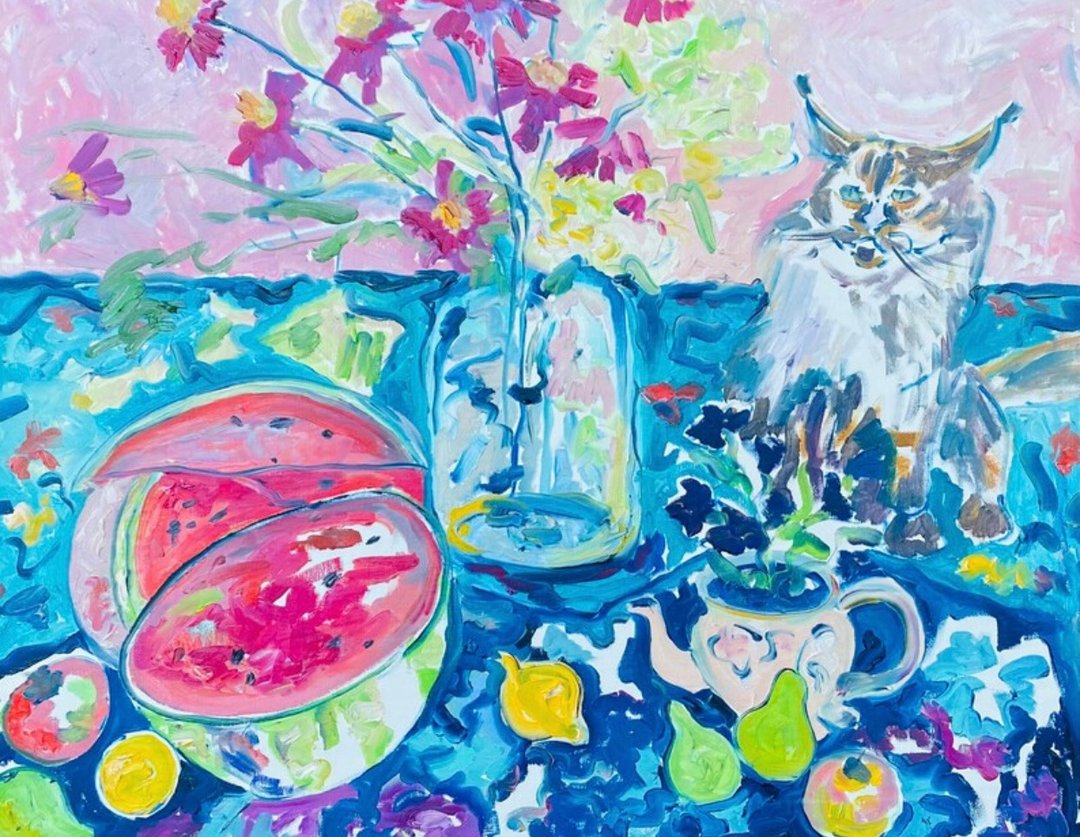 夏季花园油画抽象艺术品猫肖像西瓜和花卉静物 - 墙贴/壁贴 - 其他材质 蓝色