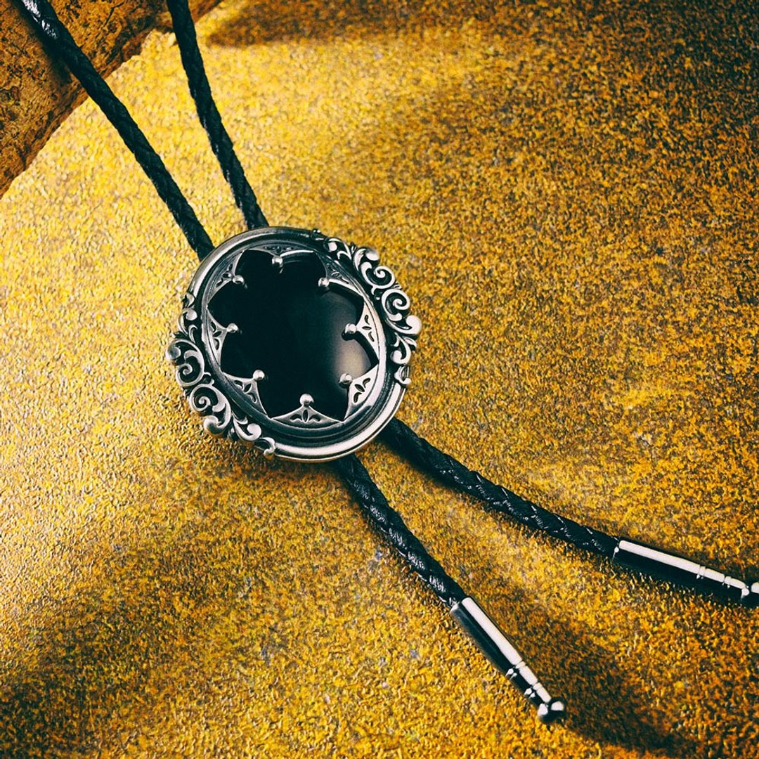 唐草纹 黑玛瑙 保罗领带 Bolo Tie 皮革项链 皮绳领带 长项链 - 领带/领带夹 - 人造皮革 黑色