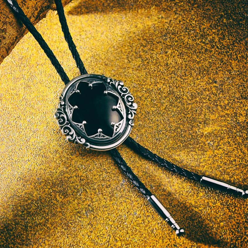 唐草纹 黑玛瑙 保罗领带 Bolo Tie 皮革项链 皮绳领带 长项链 - 领带/领带夹 - 人造皮革 黑色