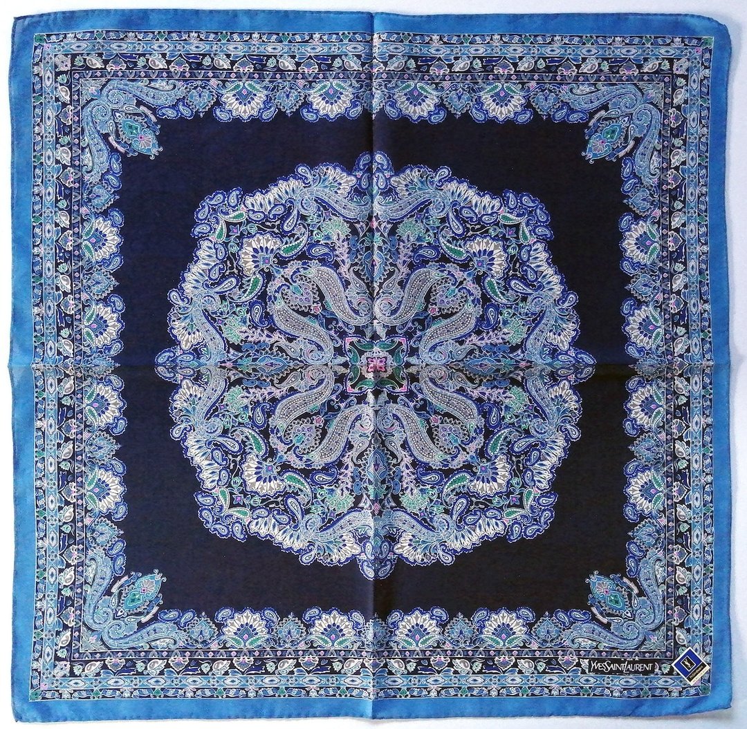 Yves Saint Laurent 古着手帕 佩斯利药草图腾 22 x 22 英寸 - 手帕/方巾 - 棉 蓝色