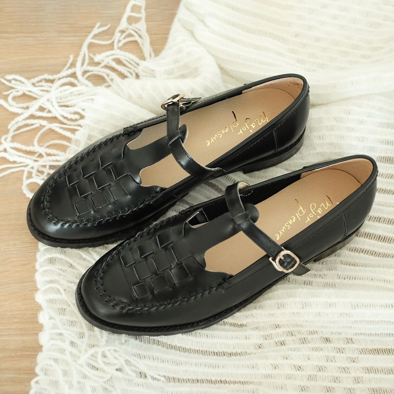 花与爱丽丝! 编织系带玛莉珍鞋 黑 全真皮 MIT -黑加仑 - 玛莉珍鞋 - 真皮 黑色