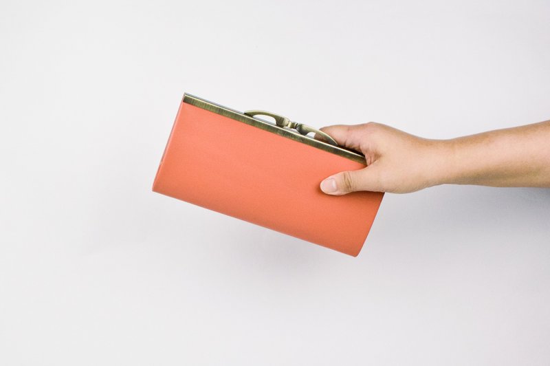 口金长夹/钱夹/钱包/真皮/珊瑚橘 - 皮夹/钱包 - 真皮 橘色