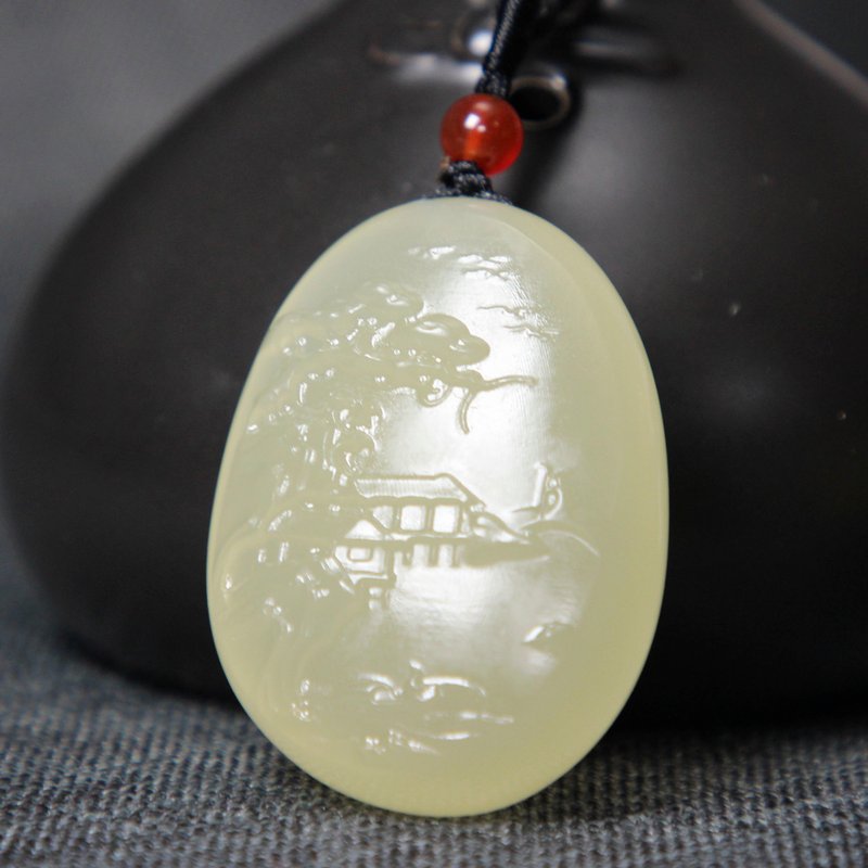 釉玉随形山水画牌雕刻吊坠项链60CM 质地温润细腻 尺寸47*34*16MM - 项链 - 玉石 