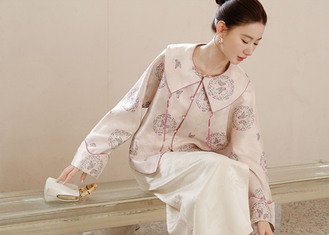 【织金】新中式复古中国风 寬鬆气质翻领外套 - 女装上衣 - 聚酯纤维 粉红色