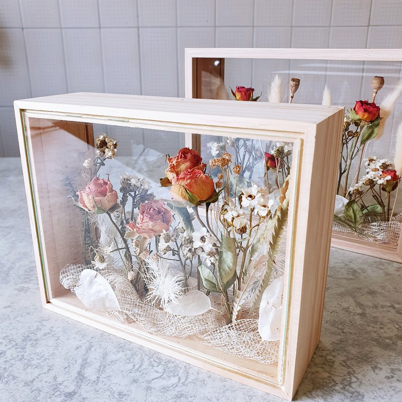 圣诞送礼【花园A】玫瑰花框透窗盒(粉)-粉玫瑰VS.法国小白梅 - 干燥花/捧花 - 植物．花 粉红色