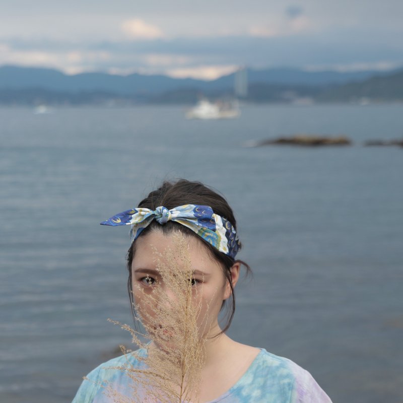 蓝色向阳花  蓝白  向日葵  烫金布  手工松紧绑带发带 - 发饰 - 棉．麻 蓝色