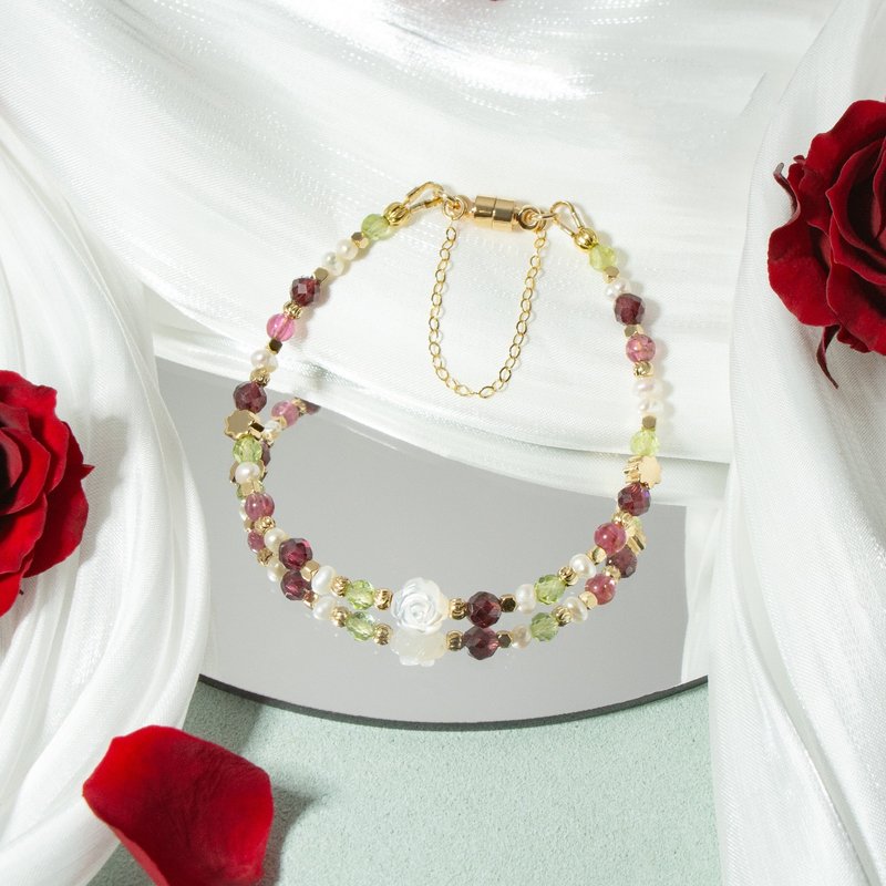 红色玫瑰花 - 石榴石 粉碧玺 橄榄石 白蝶贝 天然石手链 - 手链/手环 - 水晶 多色