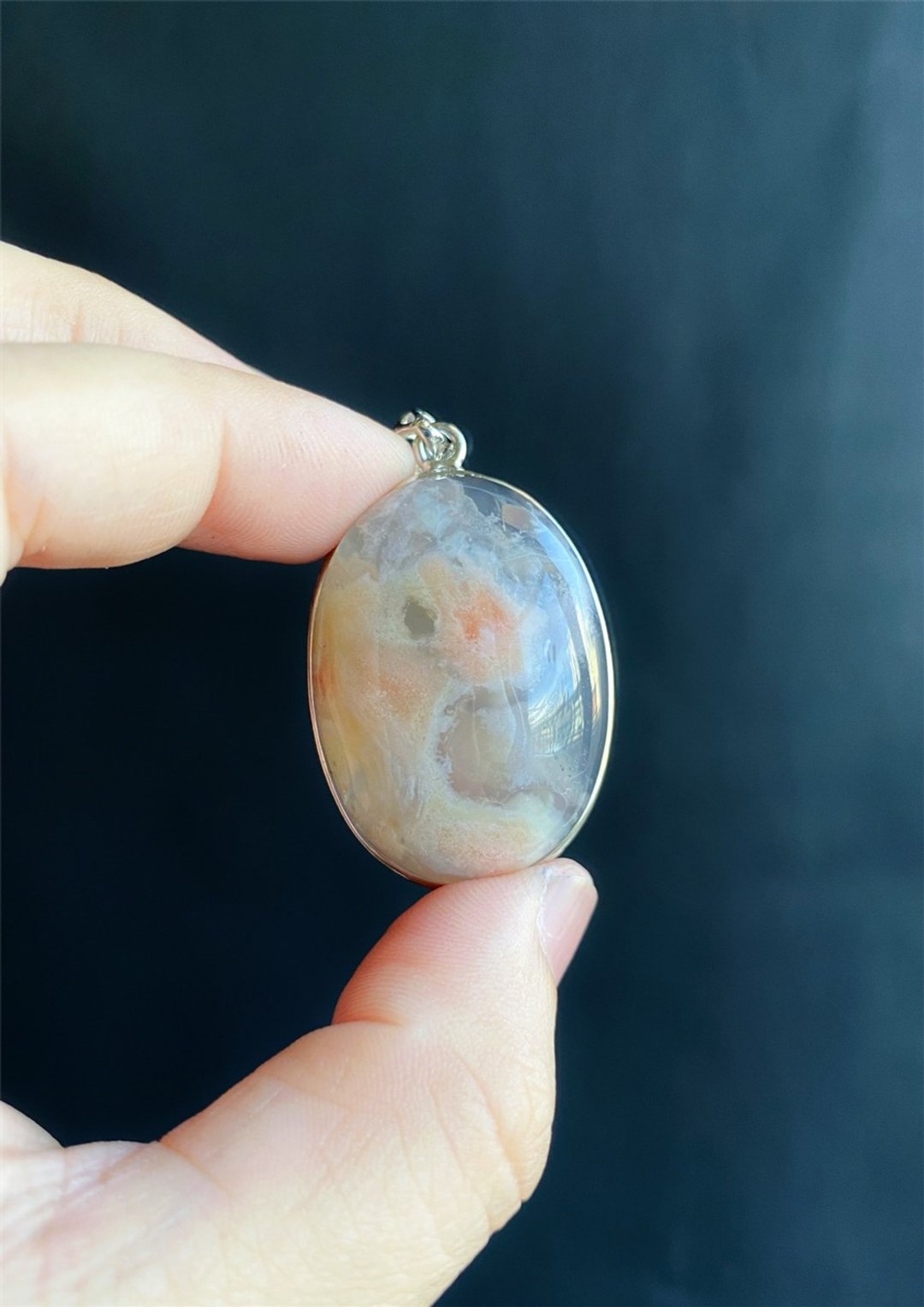 【售出】樱花玛瑙 蜜桃粉 油画风 水中花 S925银镶拖 吊坠 天然石 - 项链 - 水晶 粉红色