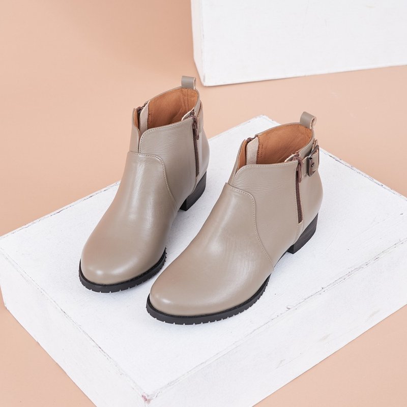 内外全皮_V口双拉链平底短靴 灰色 - 女款短靴 - 真皮 灰色