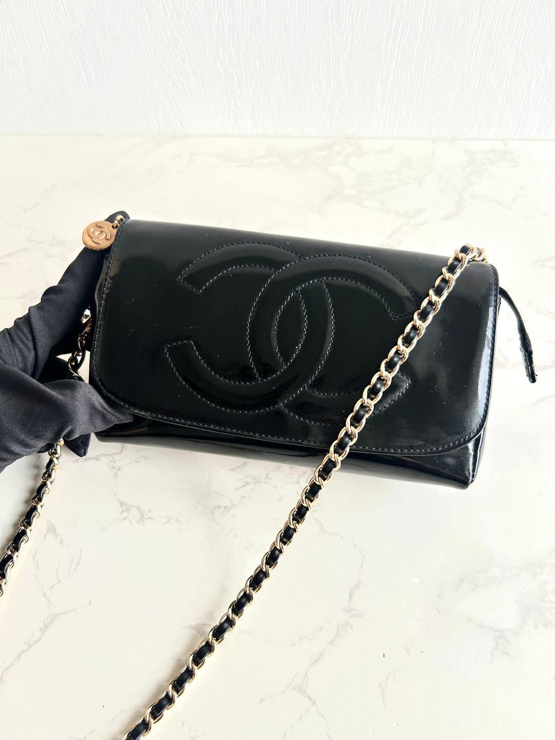 稀有中古包 Chanel 黑金色连镜子斜背包 单肩包 侧背包 古董包 - 侧背包/斜挎包 - 真皮 黑色