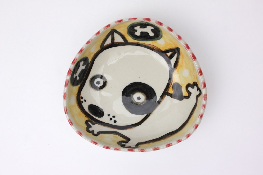Nice Little Clay 手工彩绘小碟 黑轮狗与小骨头 0304-38 - 浅碟/小碟子 - 陶 白色