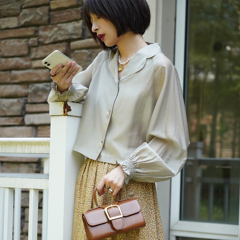 烟灰绿宫廷泡泡袖衬衣|衬衫|夏款|天丝|Sora-479 - 女装衬衫 - 其他人造纤维 