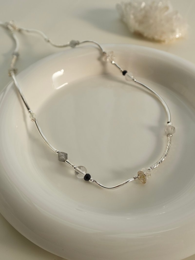 河流/闪灵钻 云水晶 白水晶 黑尖晶 金葡萄石/水晶项链 - 项链 - 水晶 银色