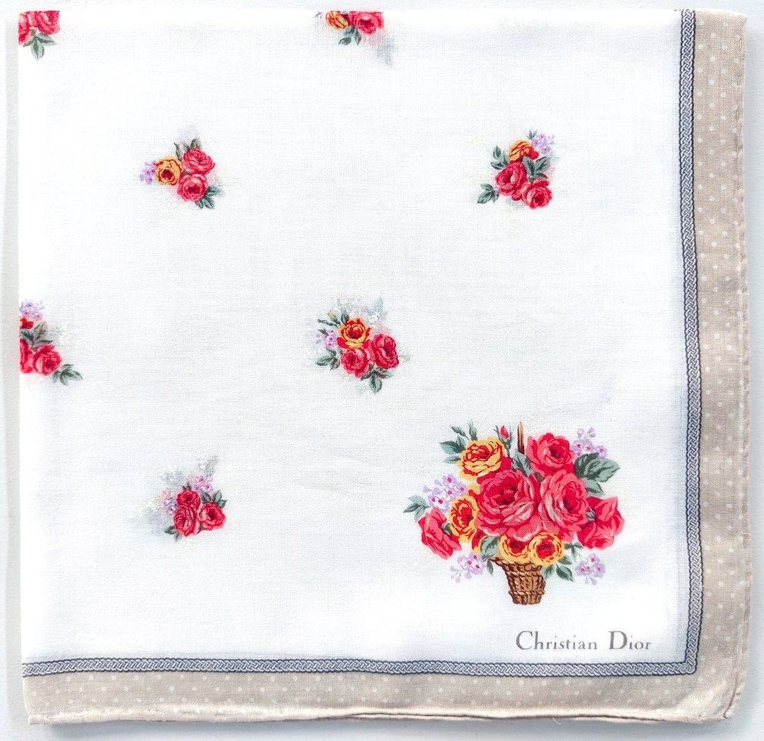 Christian Dior 复古手帕 – 花篮与圆点 19 x 18.5 英寸 - 手帕/方巾 - 棉 卡其色