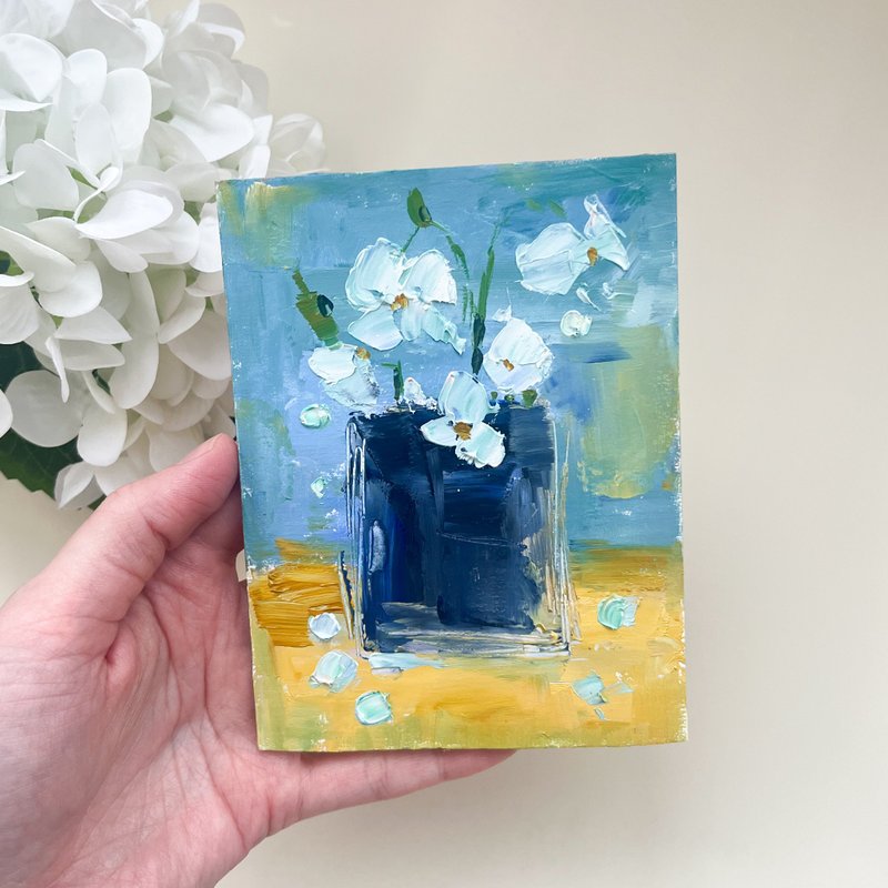 樱花 绣球花画 原始油画 墙上有花的小画 绘画作品 - 海报/装饰画/版画 - 其他材质 蓝色