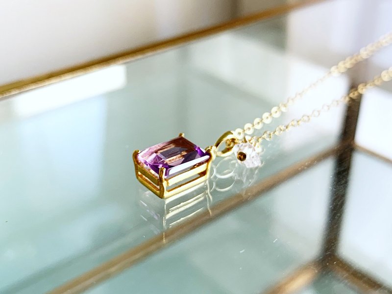 [February-April Birthstone] Amethyst and Herkimer Diamond (Crystal) Necklace (K14GF) - 项链 - 半宝石 紫色