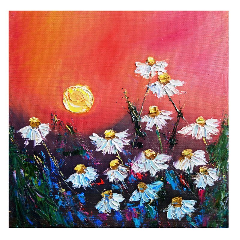 Daisy Painting Oil Flower Original Art  Artwork Impasto Canvas Art - 海报/装饰画/版画 - 颜料 多色