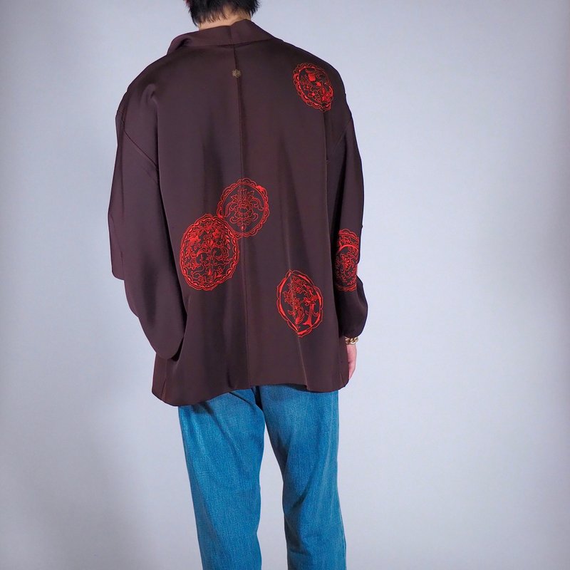 【日本制造】 柔软真丝桑蚕色羽织、吉祥图案、男女通用羽织 - 女装休闲/机能外套 - 丝．绢 咖啡色