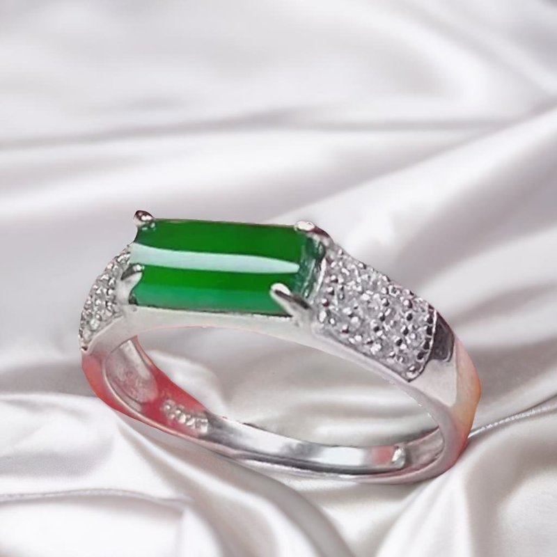 冰种老坑绿翡翠无事牌戒指 925纯银| 天然缅甸玉翡翠A货| 送礼 - 手链/手环 - 玉石 绿色