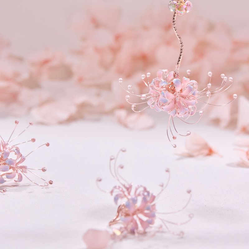 梦幻彼岸花 耳骨夹 垂链耳骨夹 耳环 耳夹 耳针 三件组 - 耳环/耳夹 - 树脂 粉红色