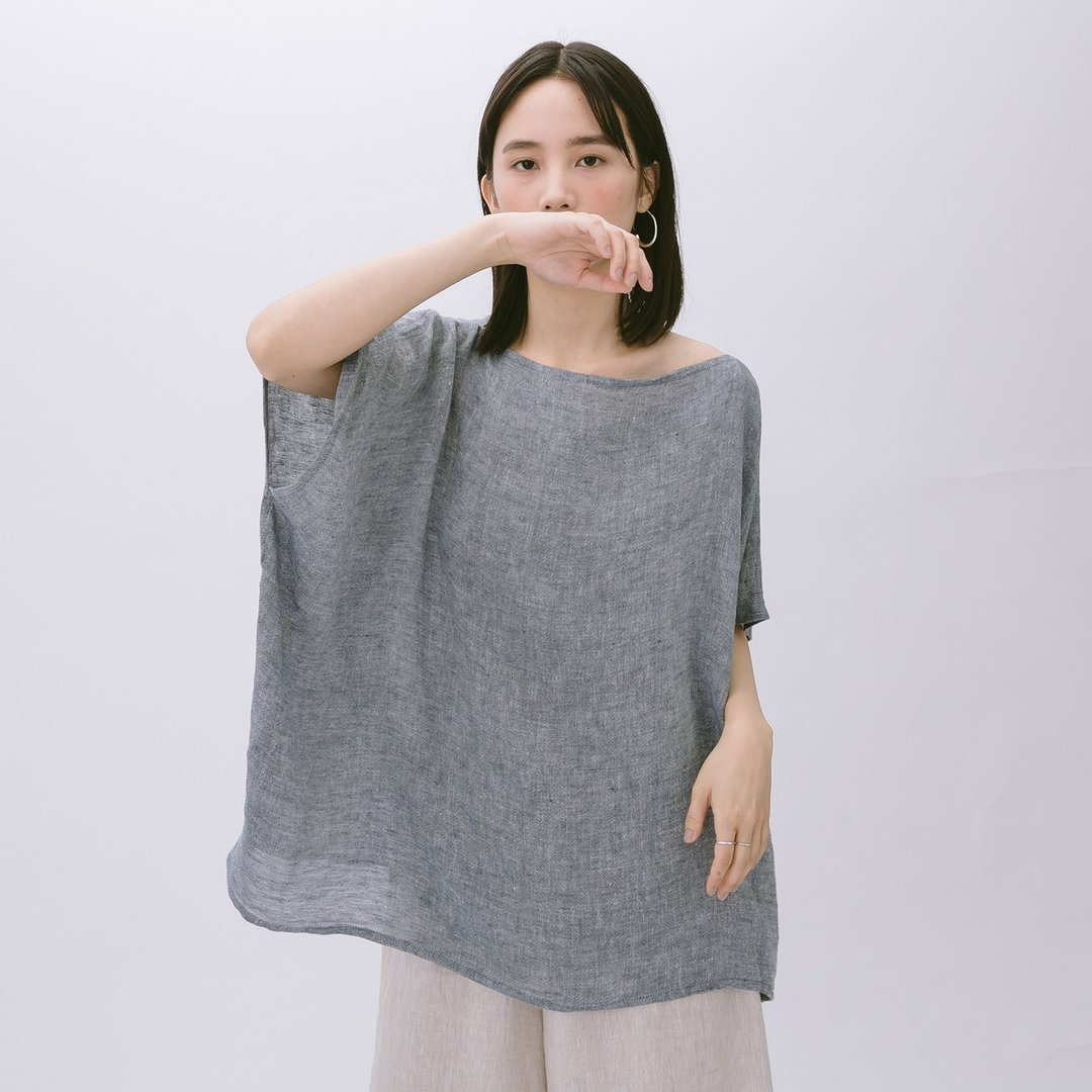 船型领长方形上衣 - 蓝白织纹 - 女装上衣 - 棉 蓝色