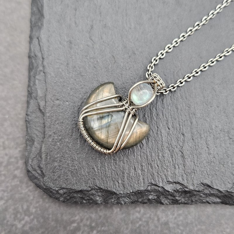 拉长石 月亮石 造旧银线吊坠 金属绕线 - 项链 - 纯银 灰色