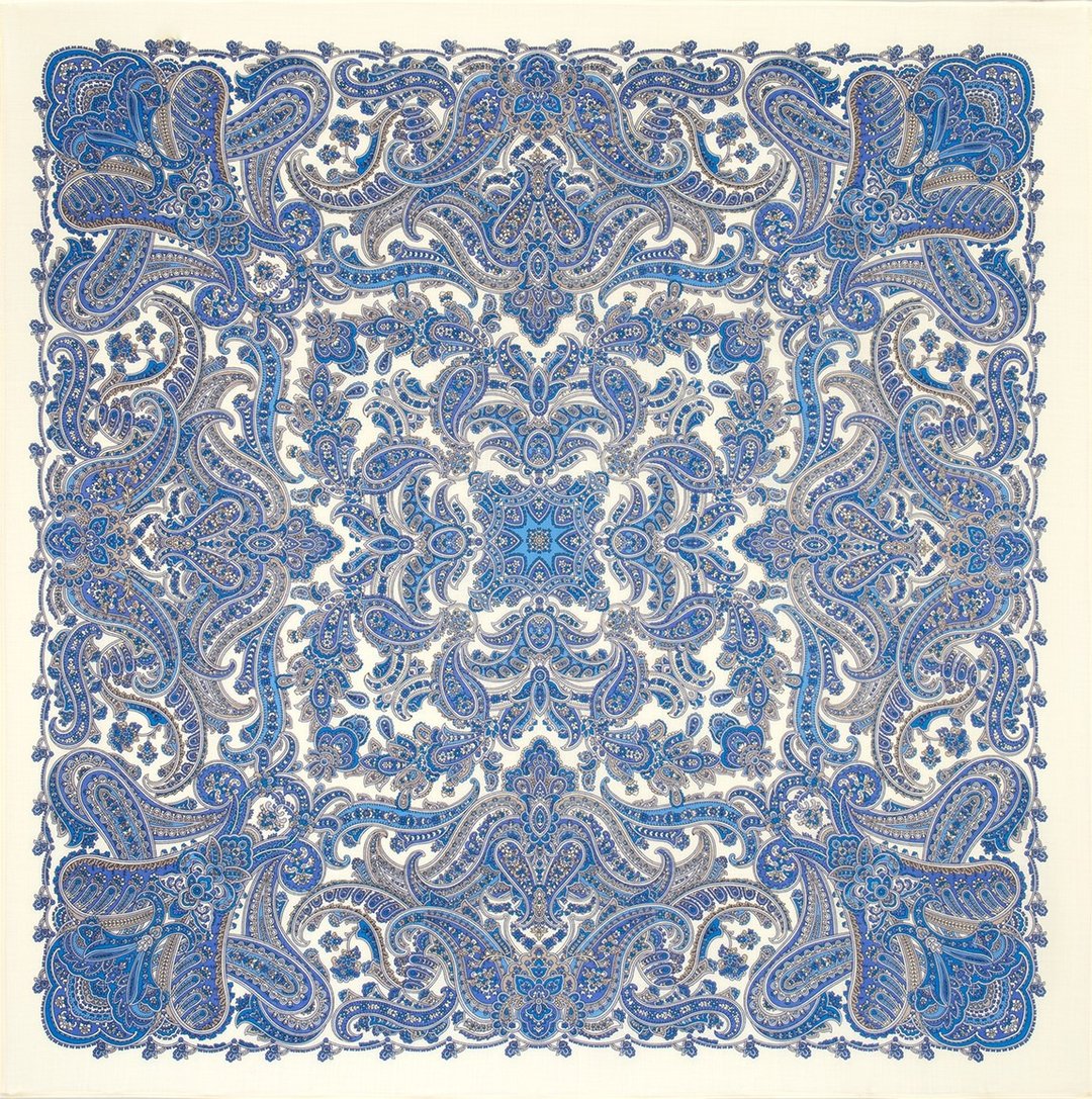 经典 Pavlovo Posad 俄罗斯披肩 100% 羊毛围巾 125x125 厘米 2038-1 N - 丝巾 - 羊毛 白色