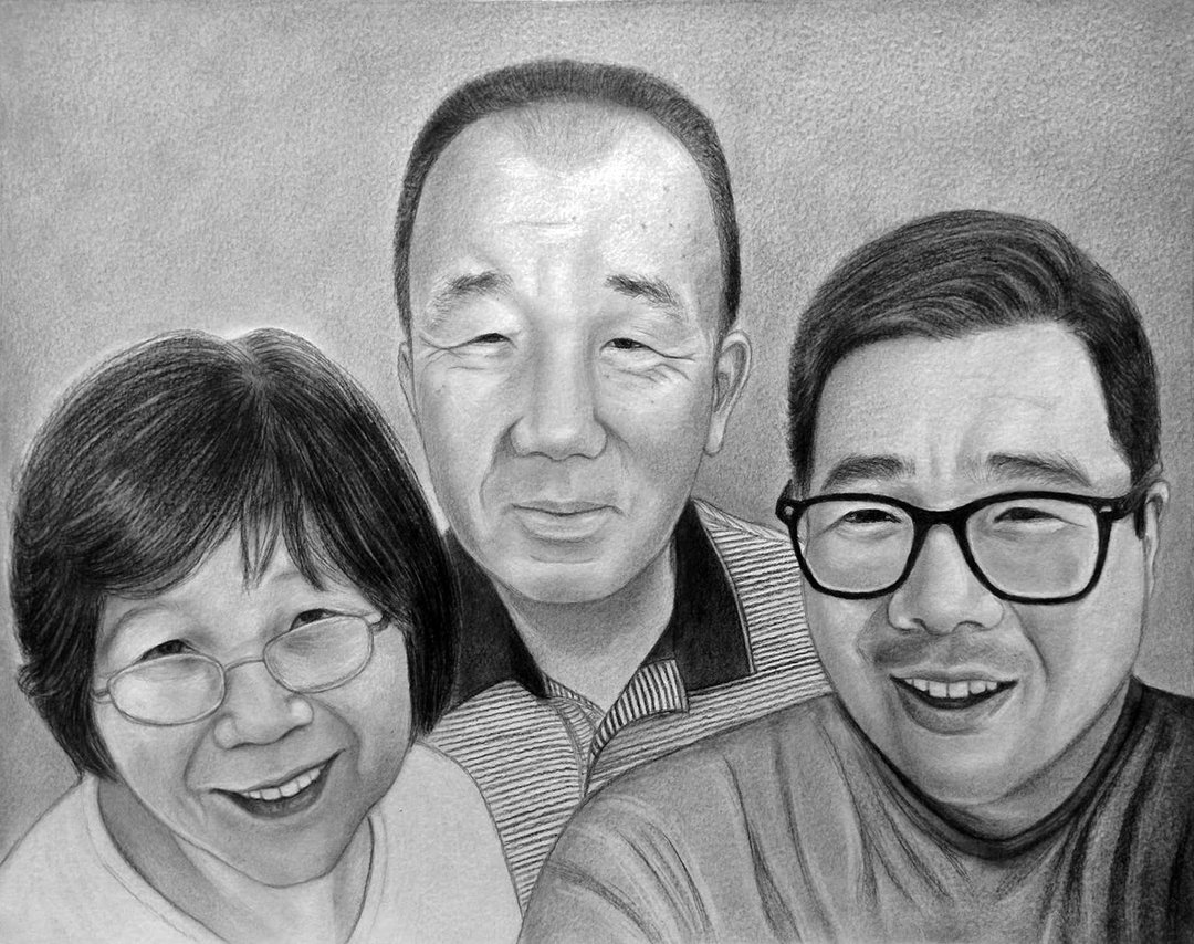 100% 手工制作的照片全家福，定制化木炭肖像画 - 订制画像 - 纸 黑色