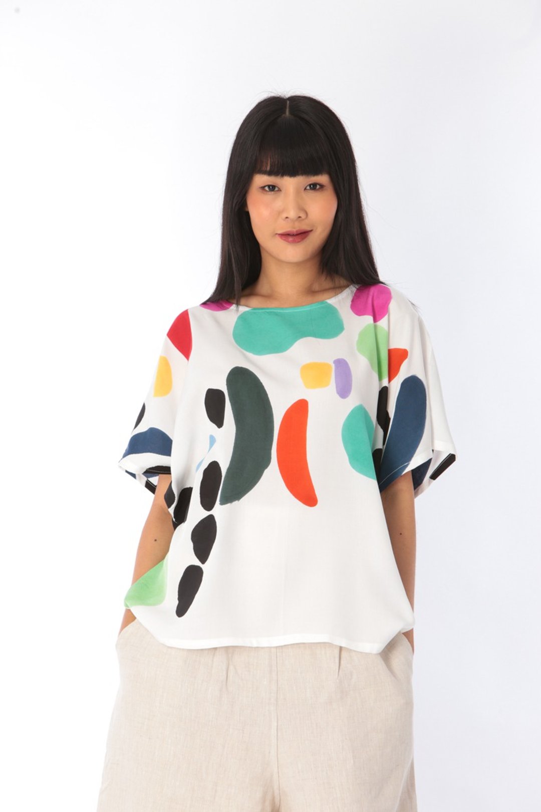 Abstract Cotton Rayon Kimono Blouse For Summer Beach Vacatio - 女装上衣 - 棉．麻 白色