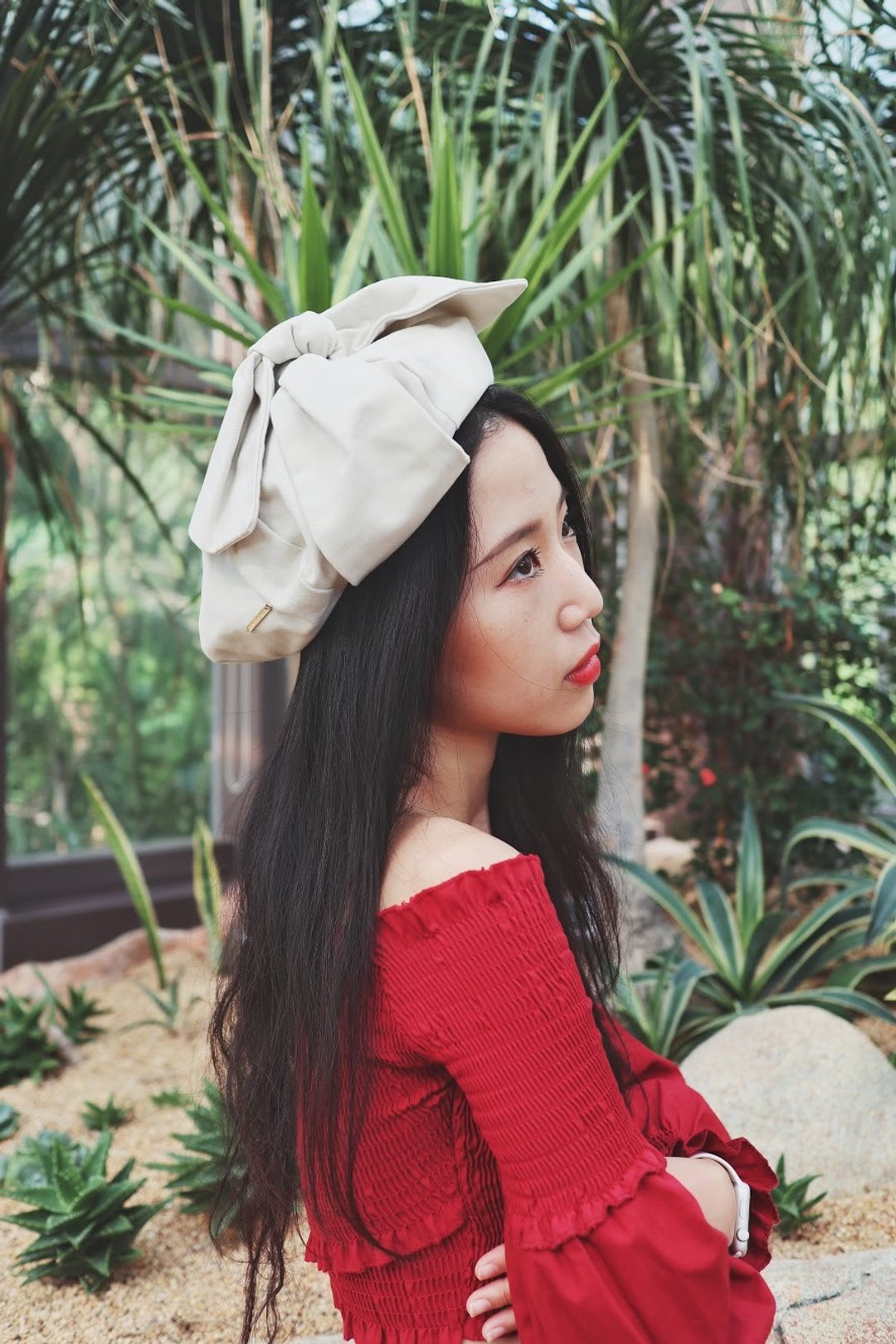 Butterfly Beret蝴蝶结 |画家帽 |六边剪裁 |杏色 - 帽子 - 棉．麻 卡其色