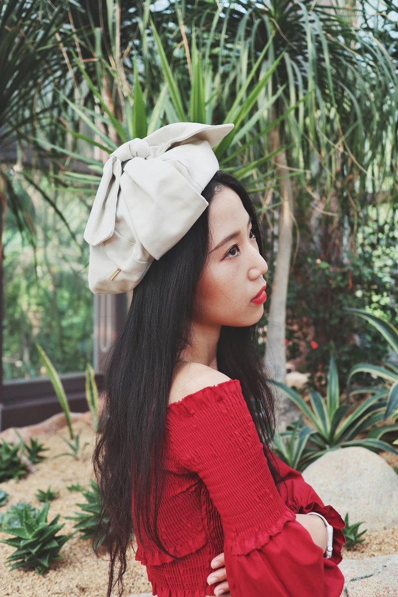 Butterfly Beret蝴蝶结 |画家帽 |六边剪裁 |杏色 - 帽子 - 棉．麻 卡其色