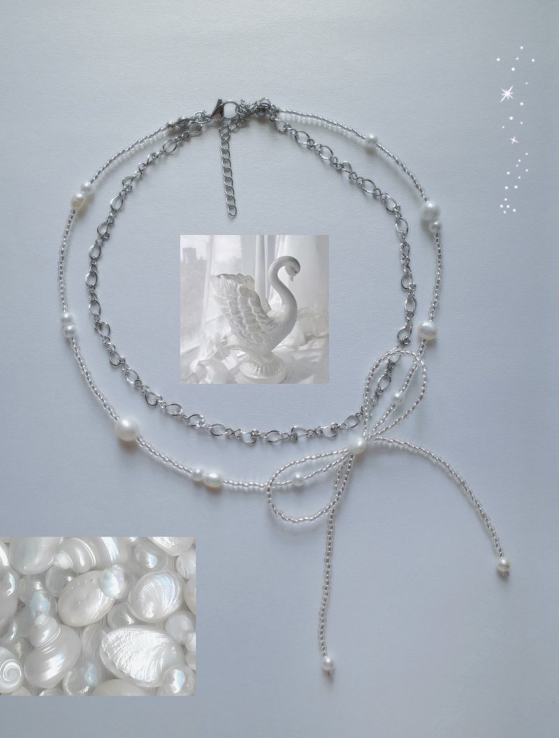 银色舞伶 珍珠蝴蝶结双层项链 不锈钢 - 项链 - 珍珠 透明