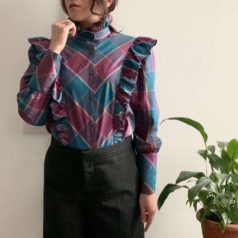 欧洲古着 意大利制 彩色荷叶边 格子衬衫 - 女装衬衫 - 聚酯纤维 多色