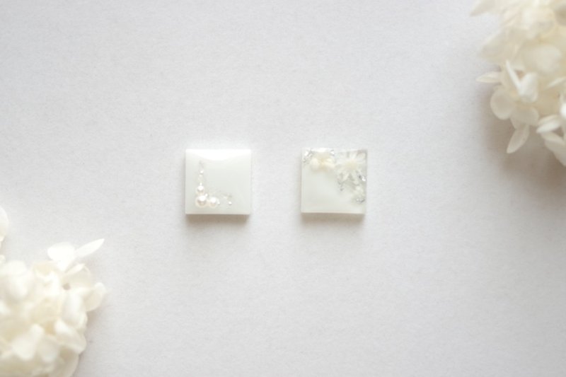 树脂艺术不对称方形耳针白/银 - 耳环/耳夹 - 其他材质 白色
