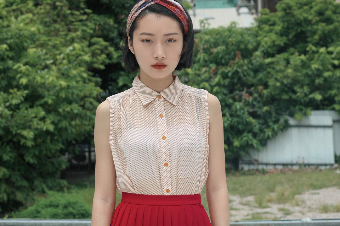 淡色橘红斜纹无袖古着衬衫 - 女装衬衫 - 聚酯纤维 红色
