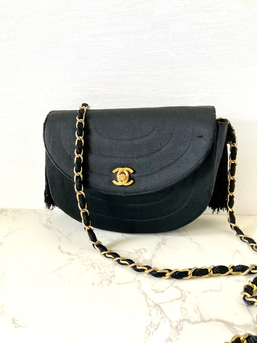 【特选货品】中古二手 Chanel 黑色丝绢半月链条小包单肩侧背袋 - 侧背包/斜挎包 - 丝．绢 黑色
