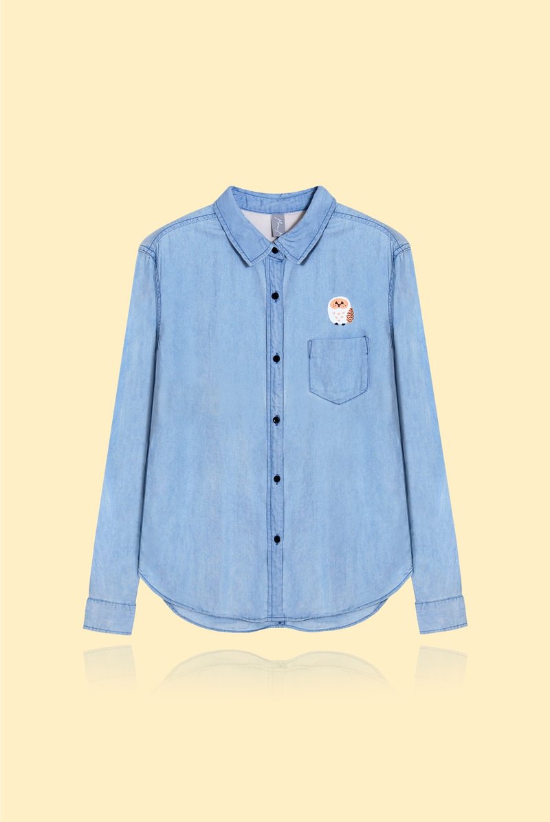 【最后一件】麻子脸猫头鹰／初春牛仔衬衫 - 男装衬衫 - 棉．麻 蓝色