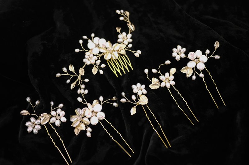 淡水珍珠花朵新娘发饰 头饰 6件套装 发钗 珠宝 - 发饰 - 宝石 金色